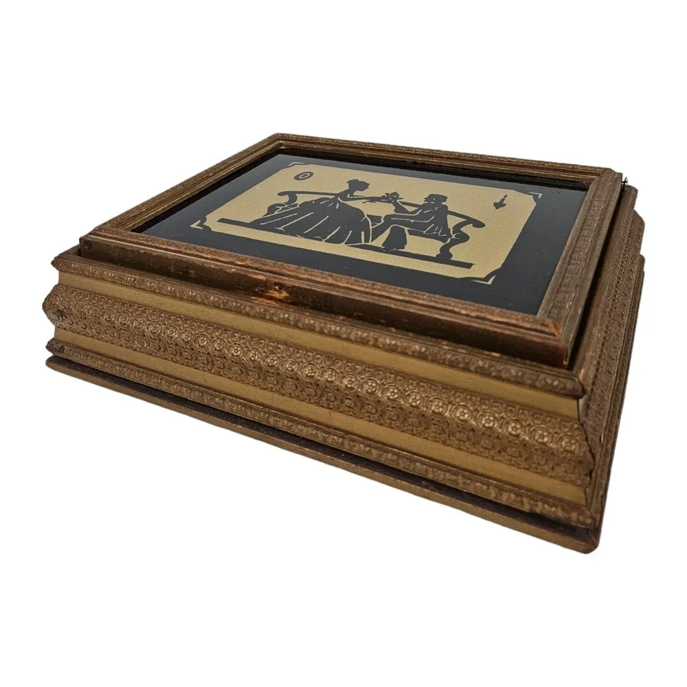Vintage Silhouette Jewelry Box Wood Glass Top Love Scene Keepsake Victorian